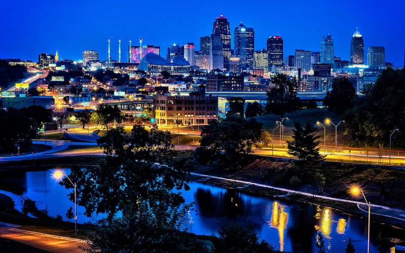 City Skyline at Night — Blue, Calm, Photograph, River, Buildings