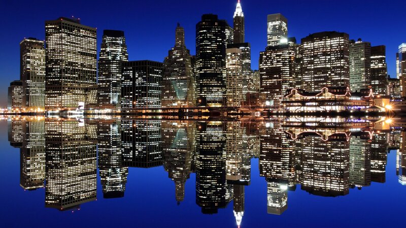 City Skyline at Night — Blue, Calm, Photograph, Skyscrapers