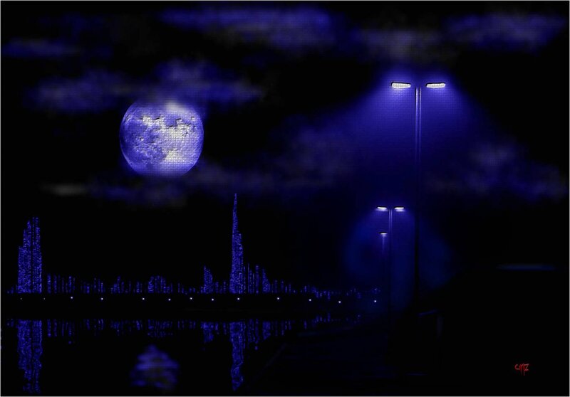 City Skyline at Night — Blue, Dark, Digital Art