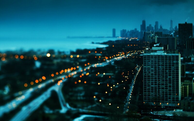 City Skyline at Night — Blue, Dark, Photograph, Buildings