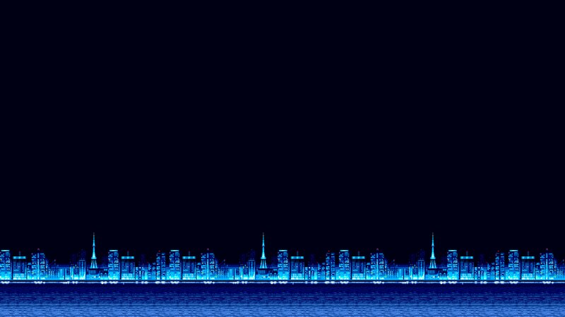 City Skyline at Night — Blue, Dark, Pixel Art