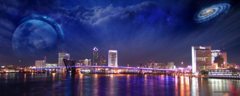 City Skyline at Night — Blue, Dramatic, Digital Art, Bridge, Planet