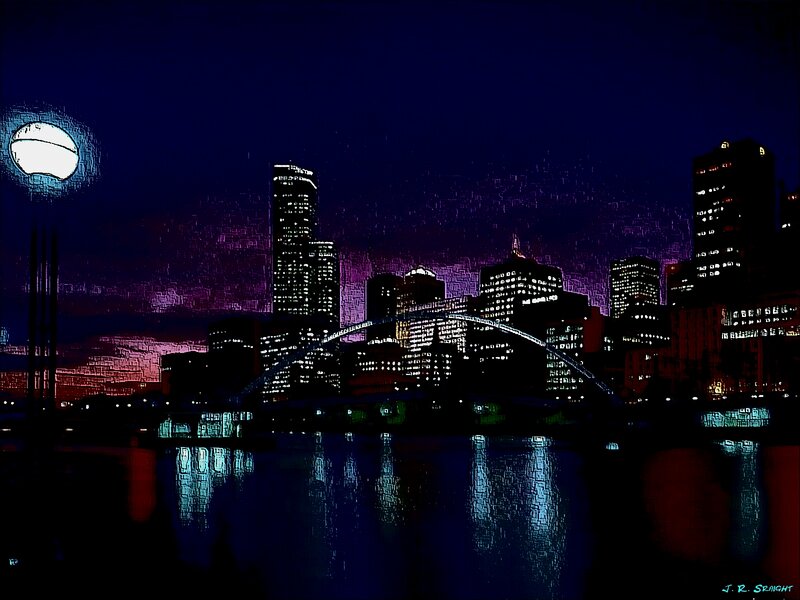 City Skyline at Night — Blue, Dramatic, Digital Art, Bridge, River