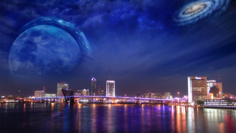 City Skyline at Night — Blue, Dramatic, Digital Art, Bridge