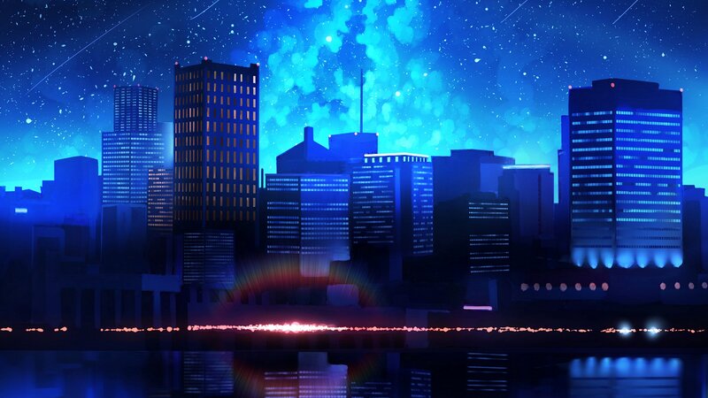 City Skyline at Night — Blue, Dramatic, Digital Art, Buildings, Sky