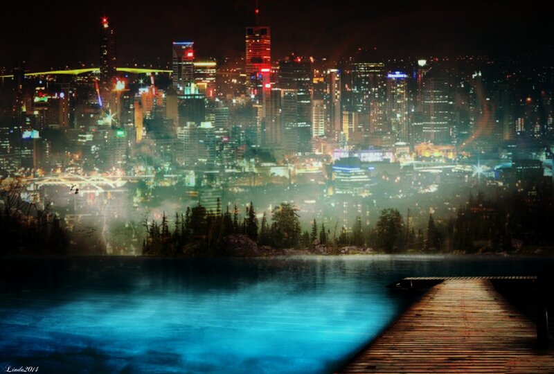 City Skyline at Night — Blue, Dramatic, Digital Art, Lake