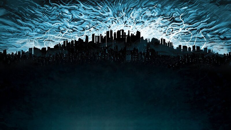 City Skyline at Night — Blue, Dramatic, Digital Art, Lightning, Storm Clouds
