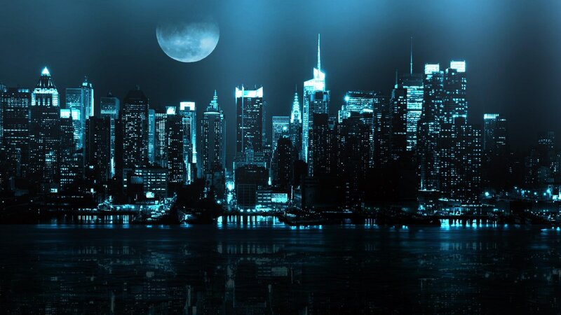 City Skyline at Night — Blue, Dramatic, Digital Art, Moon, Buildings