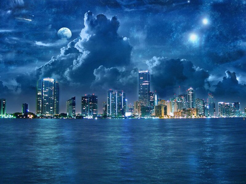 City Skyline at Night — Blue, Dramatic, Digital Art, Moon, Clouds