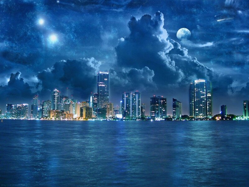 City Skyline at Night — Blue, Dramatic, Digital Art, Moon, Clouds, Water