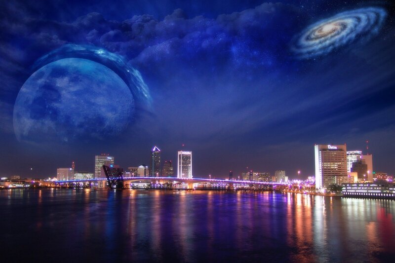 City Skyline at Night — Blue, Dramatic, Digital Art, Moon, Galaxy