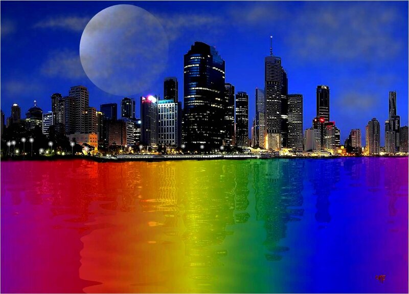 City Skyline at Night — Blue, Dramatic, Digital Art, Moon, Skyscraper