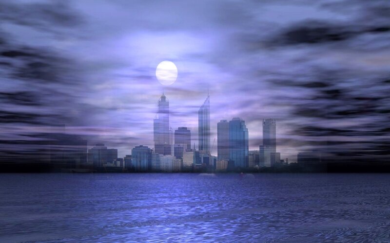 City Skyline at Night — Blue, Dramatic, Digital Art, Moon