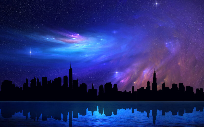 City Skyline at Night — Blue, Dramatic, Digital Art, Sky