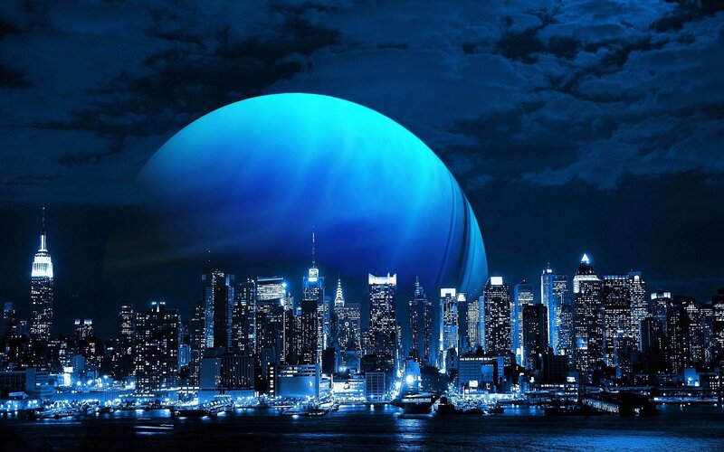 City Skyline at Night — Blue, Dramatic, Digital Art, Skyscraper, Moon