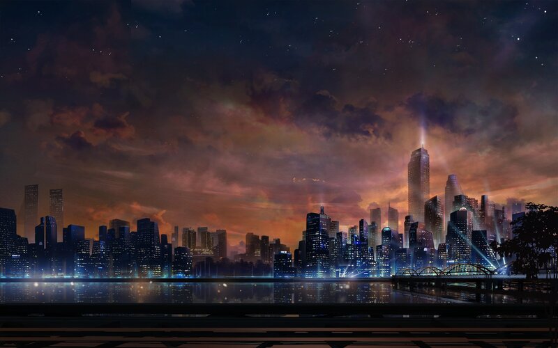 City Skyline at Night — Blue, Dramatic, Digital Art, Skyscraper, River