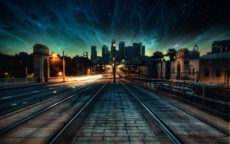 City Skyline at Night — Blue, Dramatic, Digital Art, Skyscraper, Train Tracks