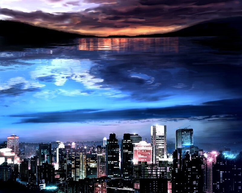 City Skyline at Night — Blue, Dramatic, Digital Art, Skyscraper, Water