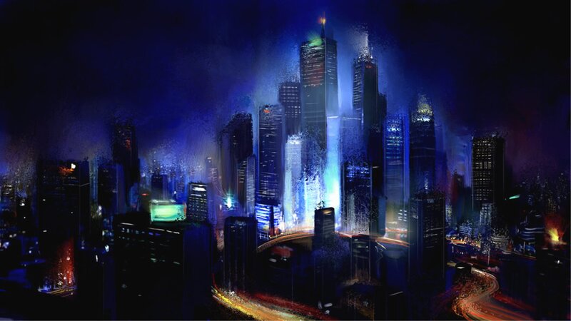 City Skyline at Night — Blue, Dramatic, Digital Art, Skyscrapers, Lights