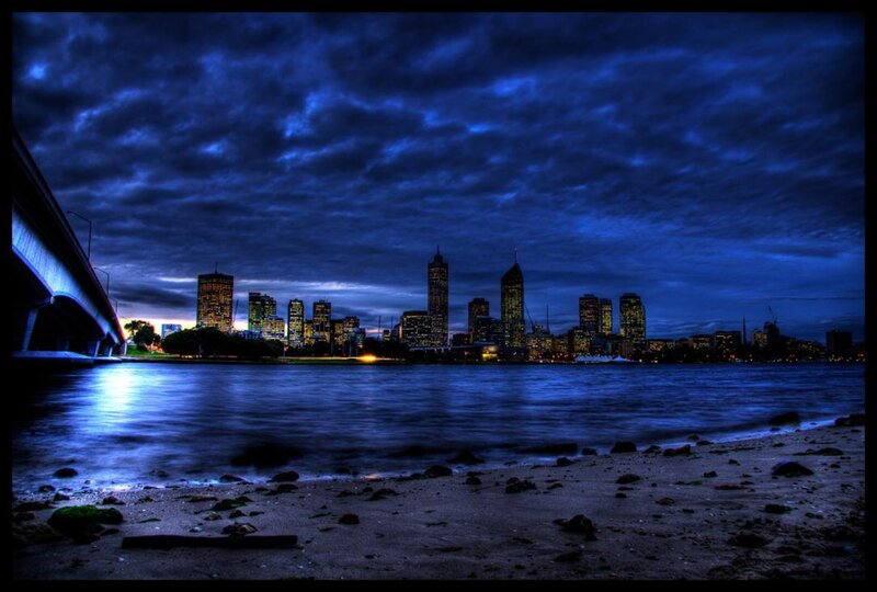 City Skyline at Night — Blue, Dramatic, Photograph, Bridge, River