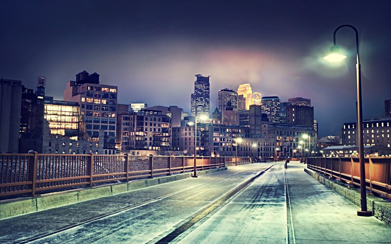 City Skyline at Night — Blue, Dramatic, Photograph, Bridge, Streetlights