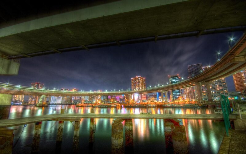 City Skyline at Night — Blue, Dramatic, Photograph, Bridge