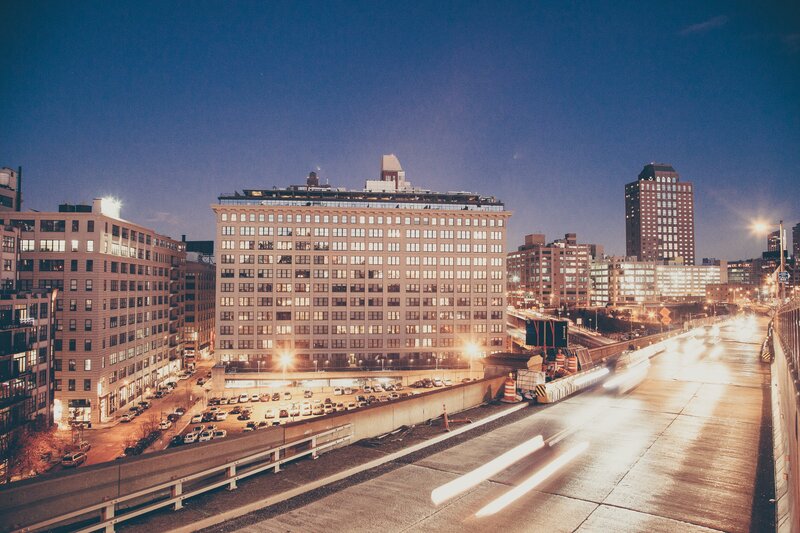 City Skyline at Night — Blue, Dramatic, Photograph, Buildings, Highway