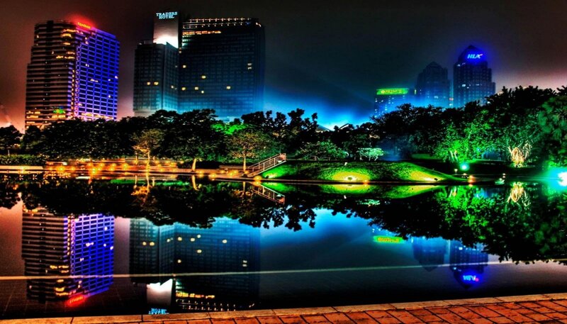 City Skyline at Night — Blue, Dramatic, Photograph, Buildings, Trees