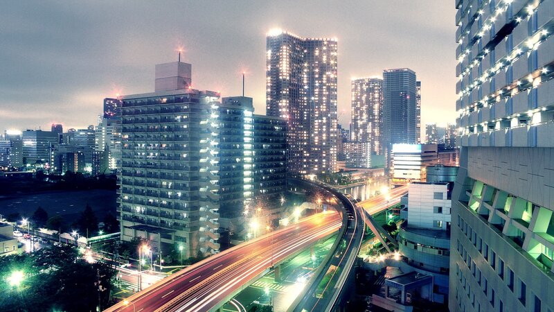 City Skyline at Night — Blue, Dramatic, Photograph, Highway, Skyscrapers, River