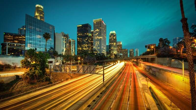 City Skyline at Night — Blue, Dramatic, Photograph, Highway, Skyscrapers