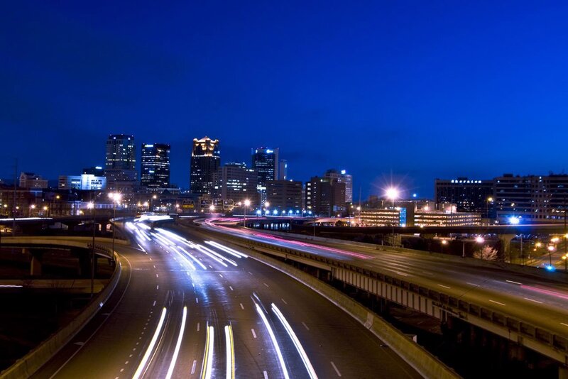 City Skyline at Night — Blue, Dramatic, Photograph, Highway, Skyscrapers, Traffic
