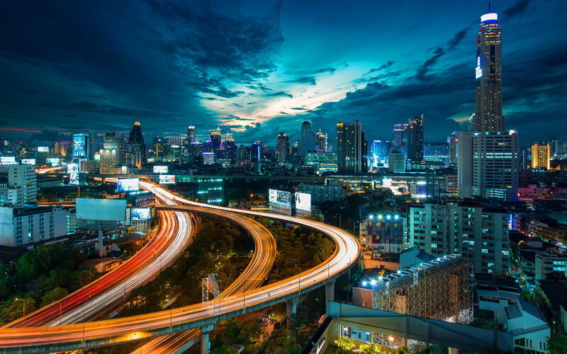 City Skyline at Night — Blue, Dramatic, Photograph, Highway