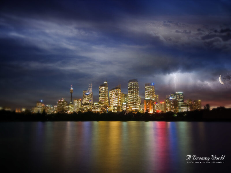 City Skyline at Night — Blue, Dramatic, Photograph, Lightning, Moon, River