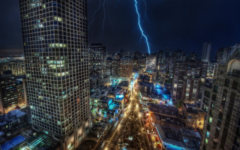 City Skyline at Night — Blue, Dramatic, Photograph, Lightning, Skyscrapers, Streets