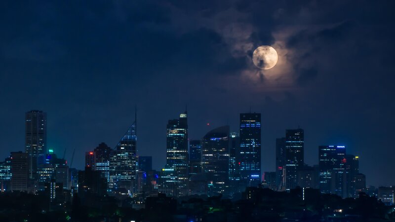 City Skyline at Night — Blue, Dramatic, Photograph, Moon, Clouds