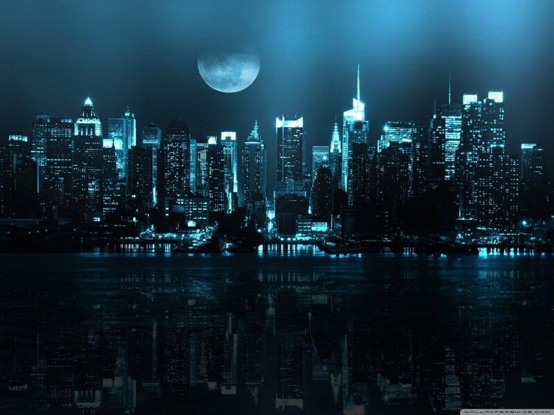 City Skyline at Night — Blue, Dramatic, Photograph, Moon
