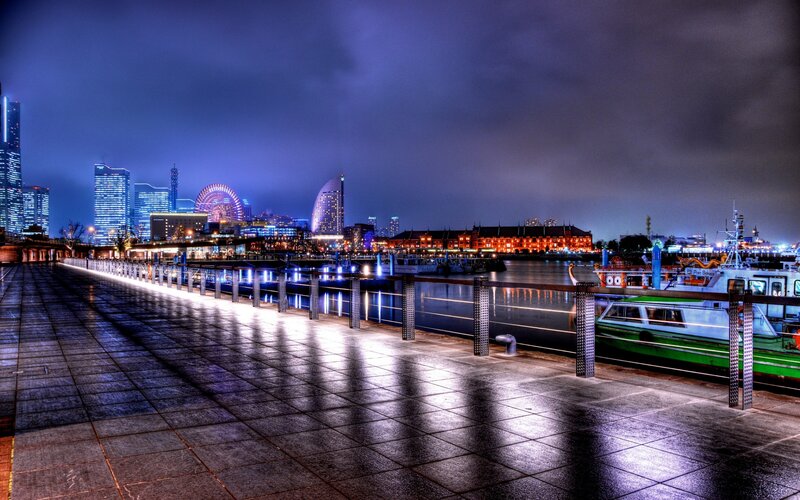 City Skyline at Night — Blue, Dramatic, Photograph, Skyscraper, Ferris Wheel