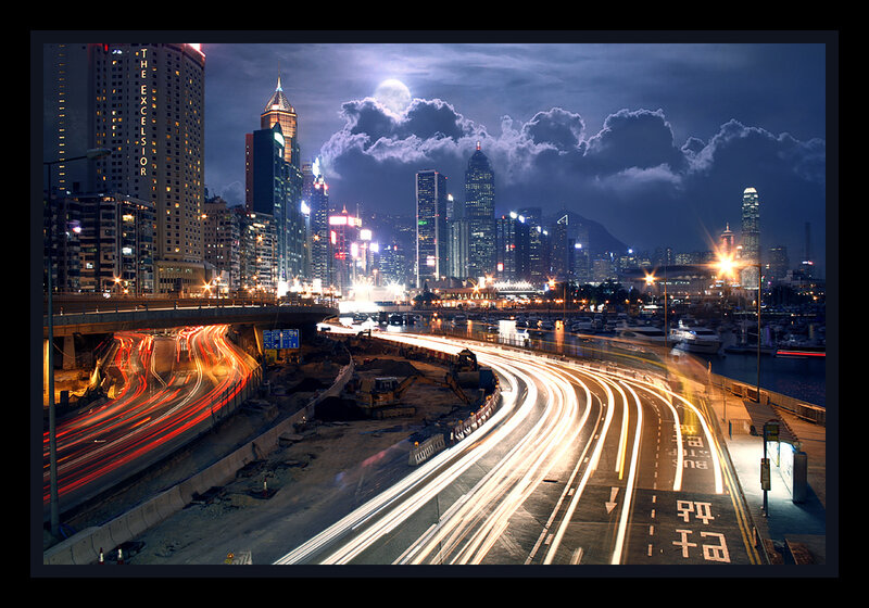 City Skyline at Night — Blue, Dramatic, Photograph, Skyscraper, Highway