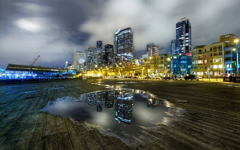 City Skyline at Night — Blue, Dramatic, Photograph, Skyscraper, Puddle
