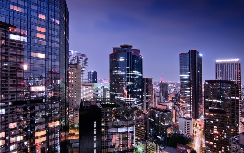 City Skyline at Night — Blue, Dramatic, Photograph, Skyscrapers, Buildings