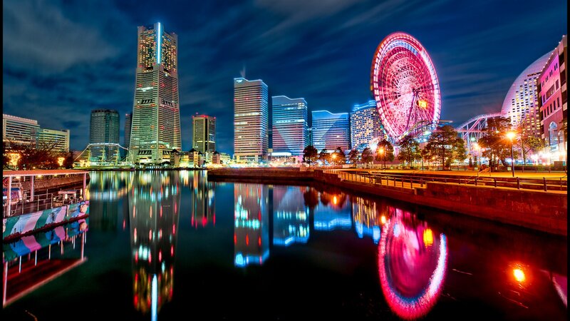 City Skyline at Night — Blue, Dramatic, Photograph, Skyscrapers, Ferris Wheel