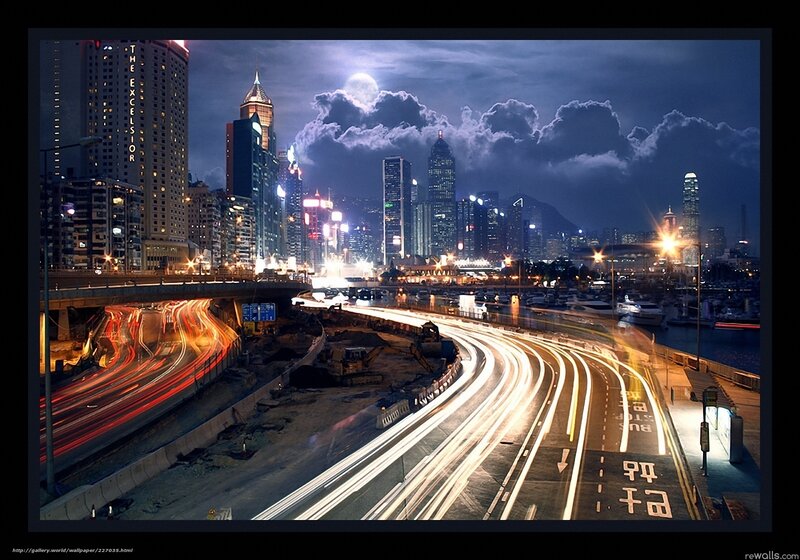 City Skyline at Night — Blue, Dramatic, Photograph, Skyscrapers, Highway, Moon