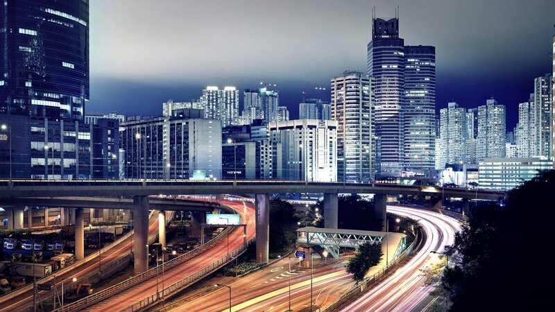 City Skyline at Night — Blue, Dramatic, Photograph, Skyscrapers, Highway, Overpass