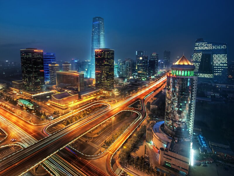 City Skyline at Night — Blue, Dramatic, Photograph, Skyscrapers, Highway