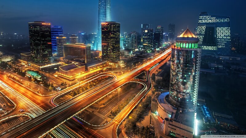 City Skyline at Night — Blue, Dramatic, Photograph, Skyscrapers, Highway, Traffic
