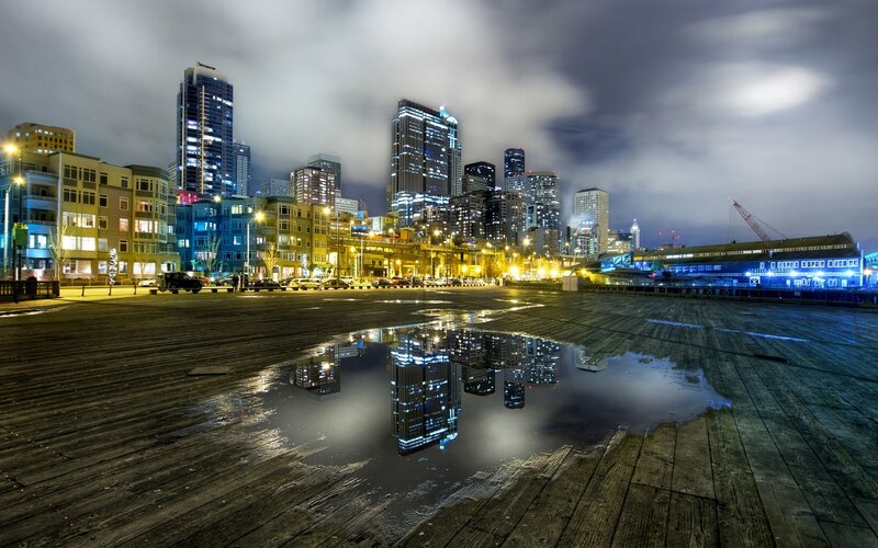 City Skyline at Night — Blue, Dramatic, Photograph, Skyscrapers, Puddle