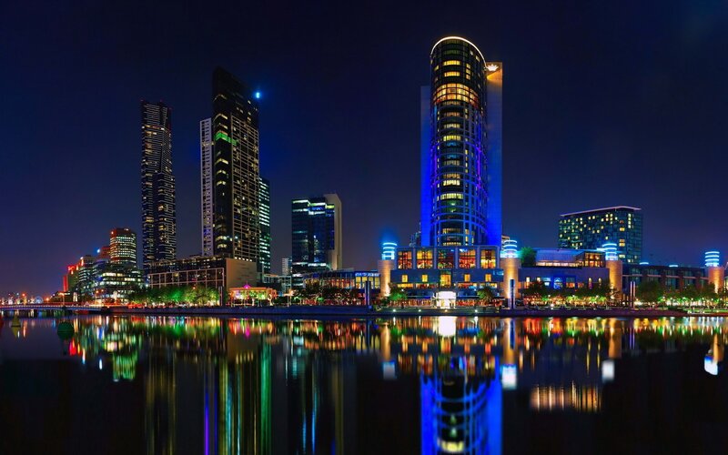 City Skyline at Night — Blue, Dramatic, Photograph, Skyscrapers, River, Buildings