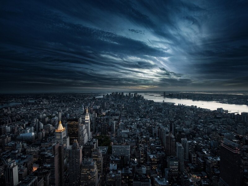 City Skyline at Night — Blue, Dramatic, Photograph, Skyscrapers, River, Clouds