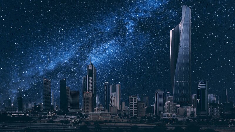 City Skyline at Night — Blue, Dramatic, Photograph, Skyscrapers, Stars