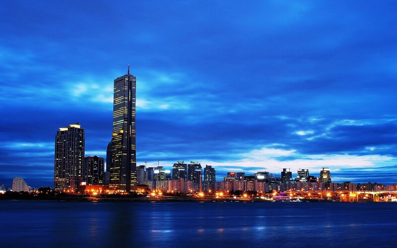 City Skyline at Night — Blue, Dramatic, Photograph, Skyscrapers